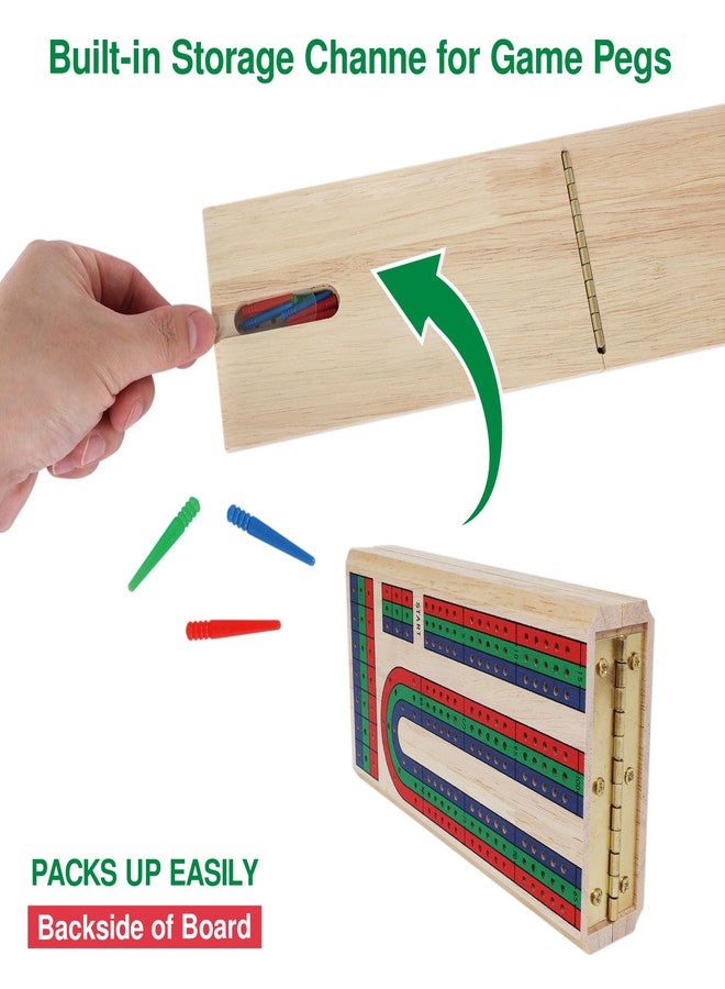 GOTHINK Folding Cribbage Board Game Set, Classic Wooden Cribbage Boards Game for Family Fun, 9 Multi-Colored Pegs, 3 Tracks, Red Green Blue Pegs for 2-3 Players - Image 5
